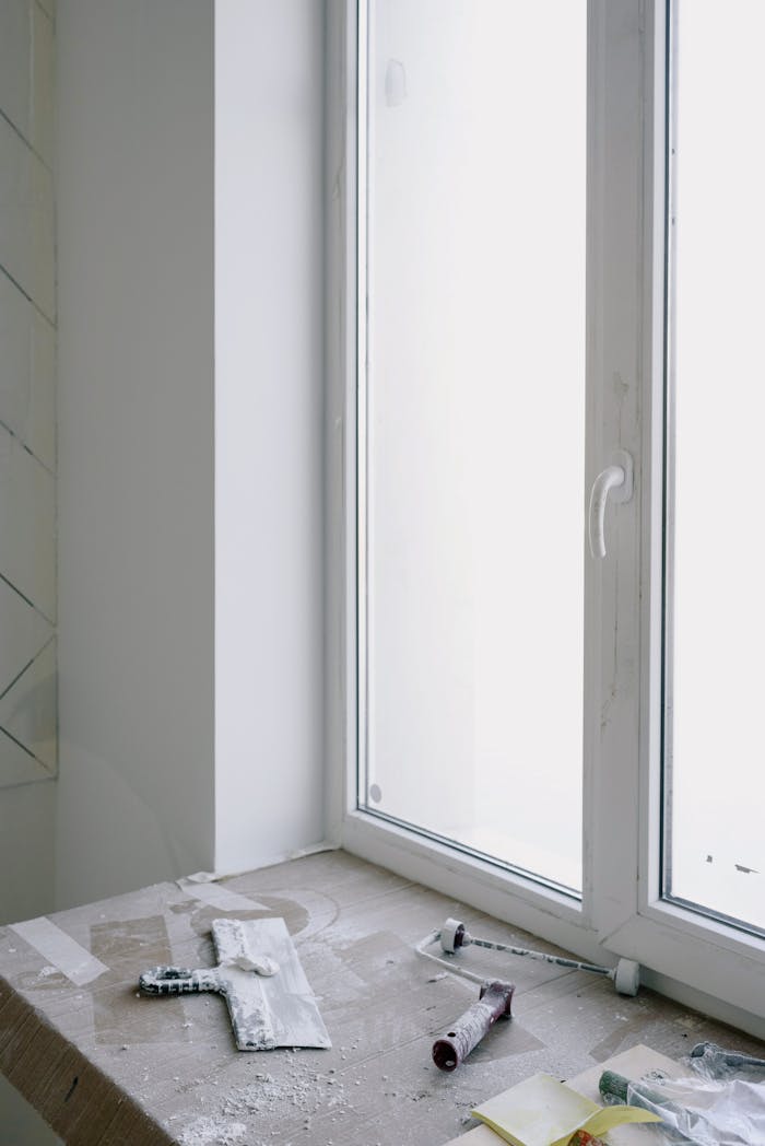 Window sill with tools during a home renovation, indicating DIY work.