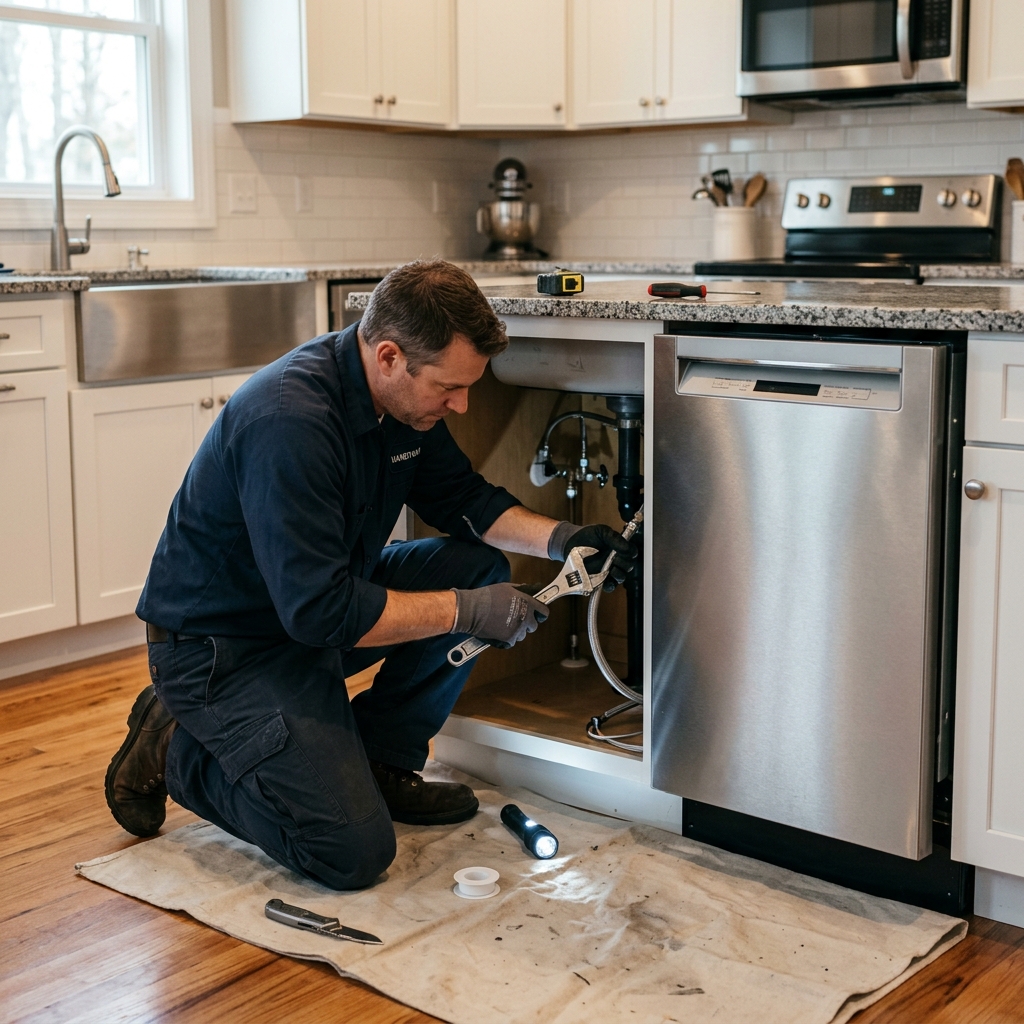 Professional handyman installing a dishwasher appliance in McAllen Texas kitchen