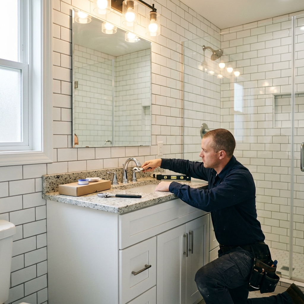 Professional handyman installing a bathroom faucet in McAllen Texas