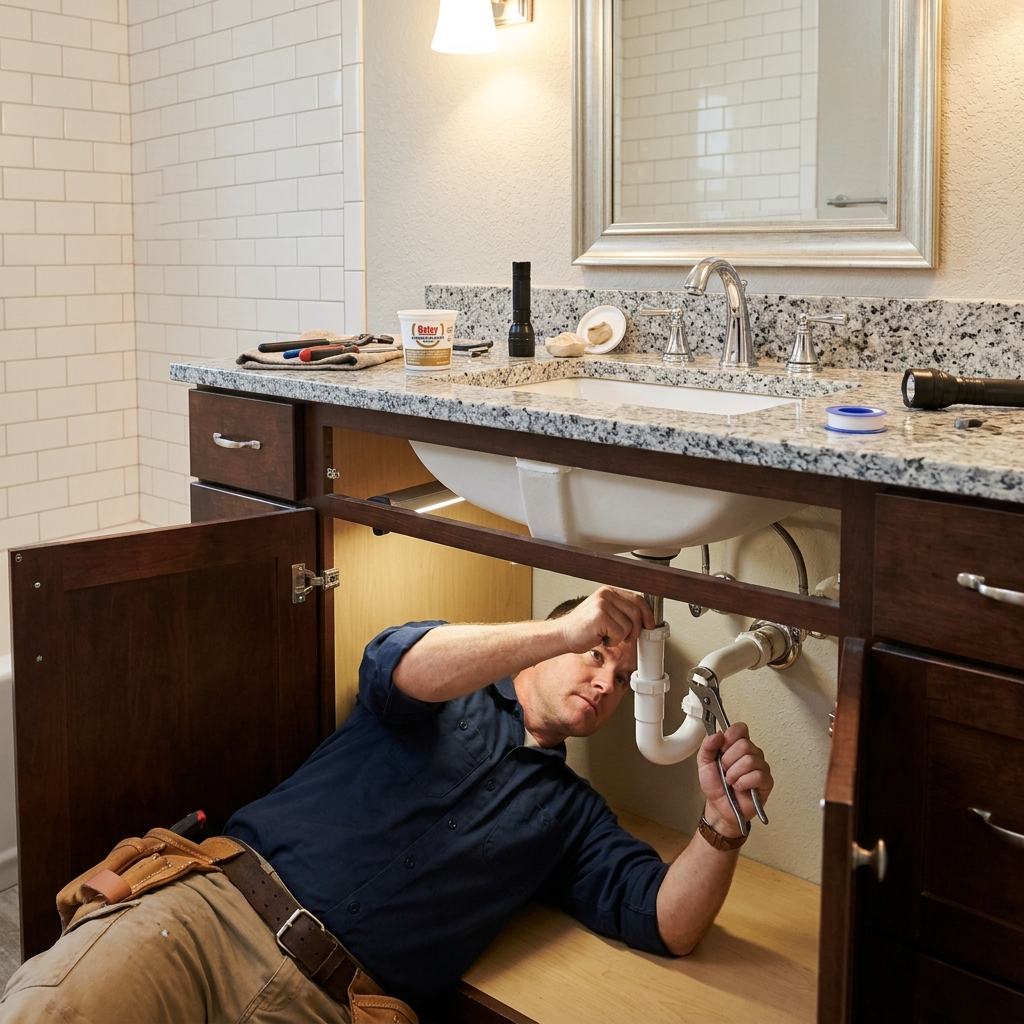 Handyman installing a bathroom sink in McAllen Texas