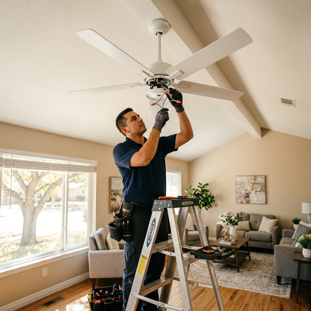 Handyman installing a ceiling fan in a McAllen Texas living room