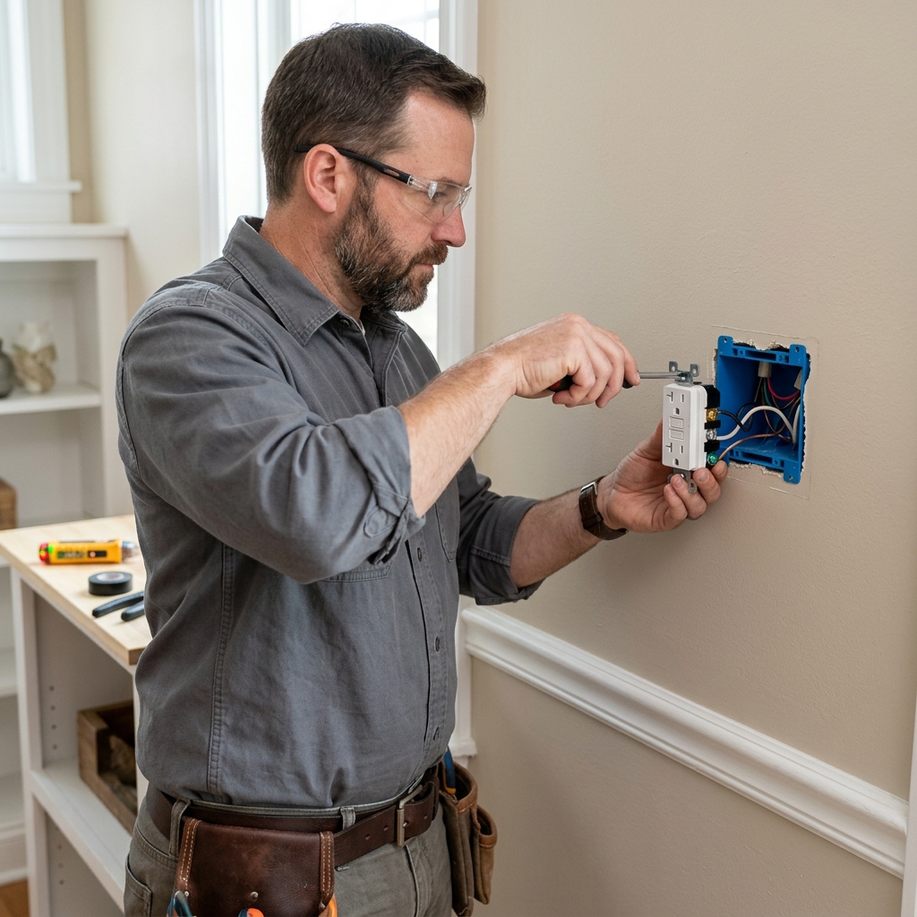 Handyman replacing a GFCI electrical outlet in a McAllen Texas home