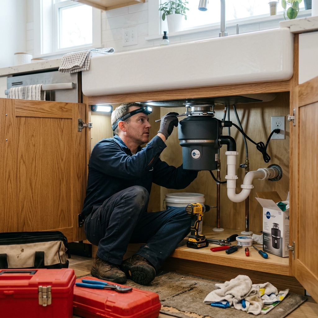 Handyman installing garbage disposal under kitchen sink in McAllen Texas