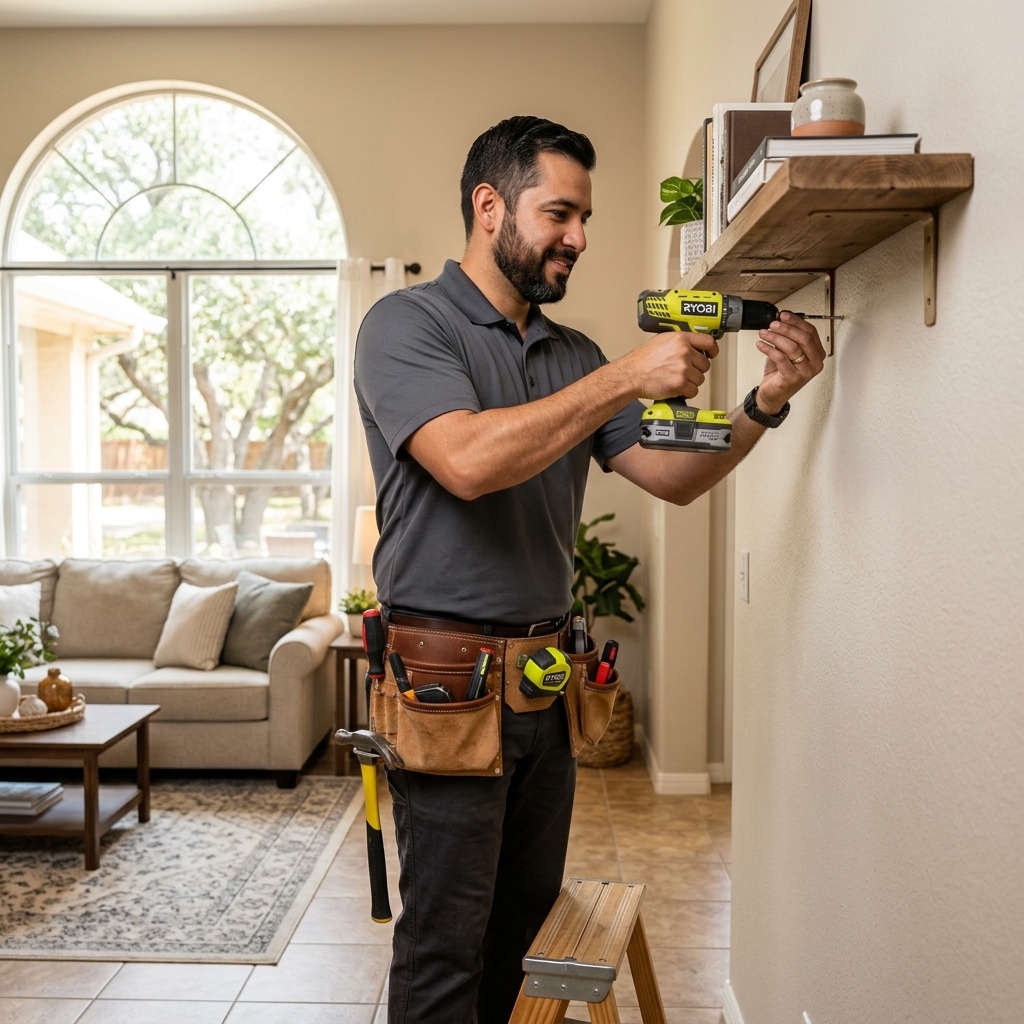 Professional handyman performing home repairs in a McAllen Texas living room