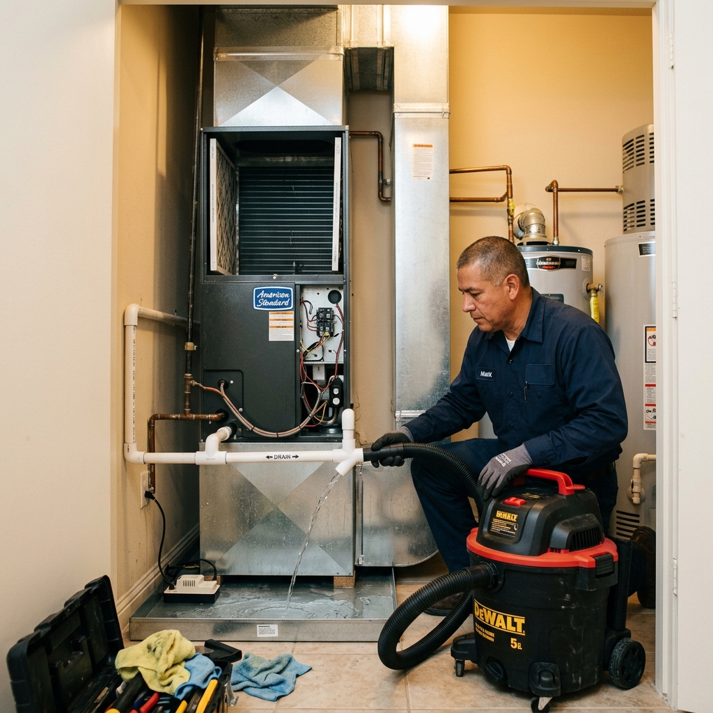 HVAC technician cleaning AC condensate drain line in McAllen Texas home