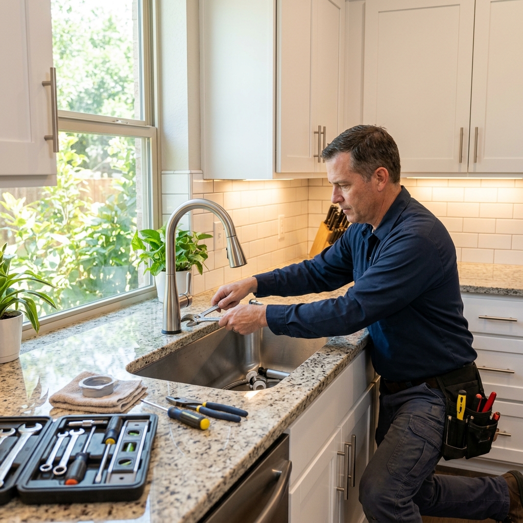 Professional handyman installing kitchen faucet and sink in McAllen Texas