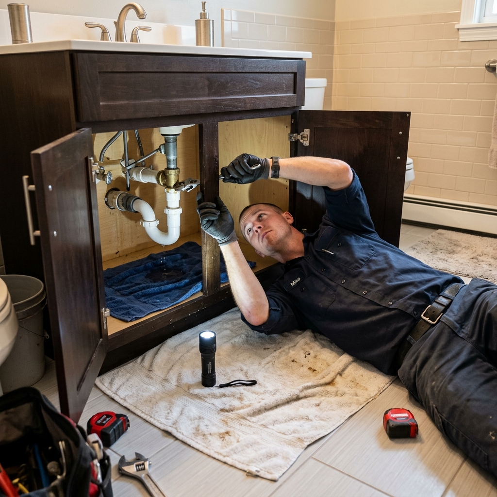 Repairing a leaky pipe under a sink in a McAllen TX home