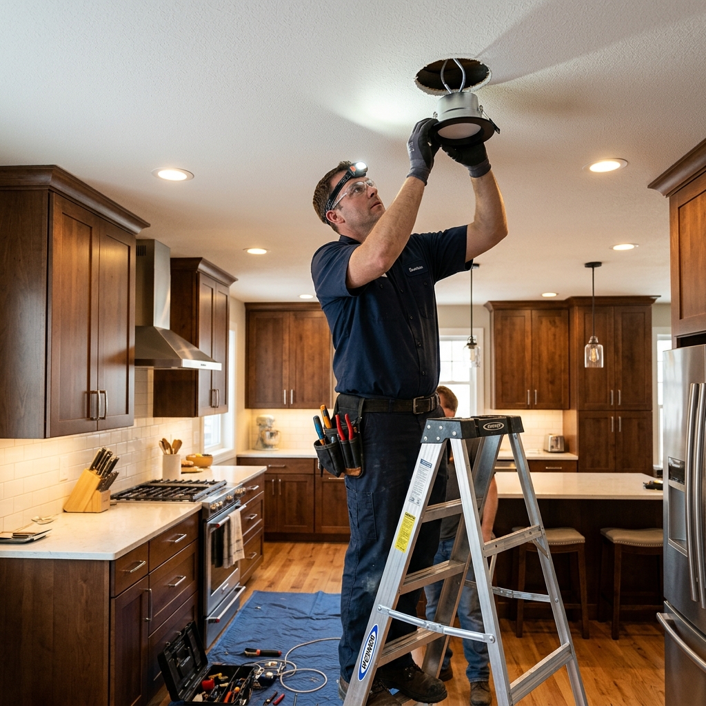 Handyman installing recessed light fixtures in a McAllen Texas kitchen