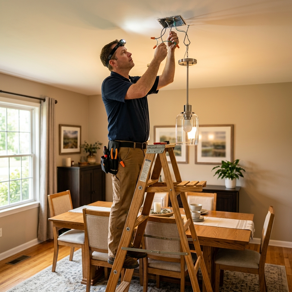 Handyman replacing a pendant light fixture in a McAllen Texas dining room