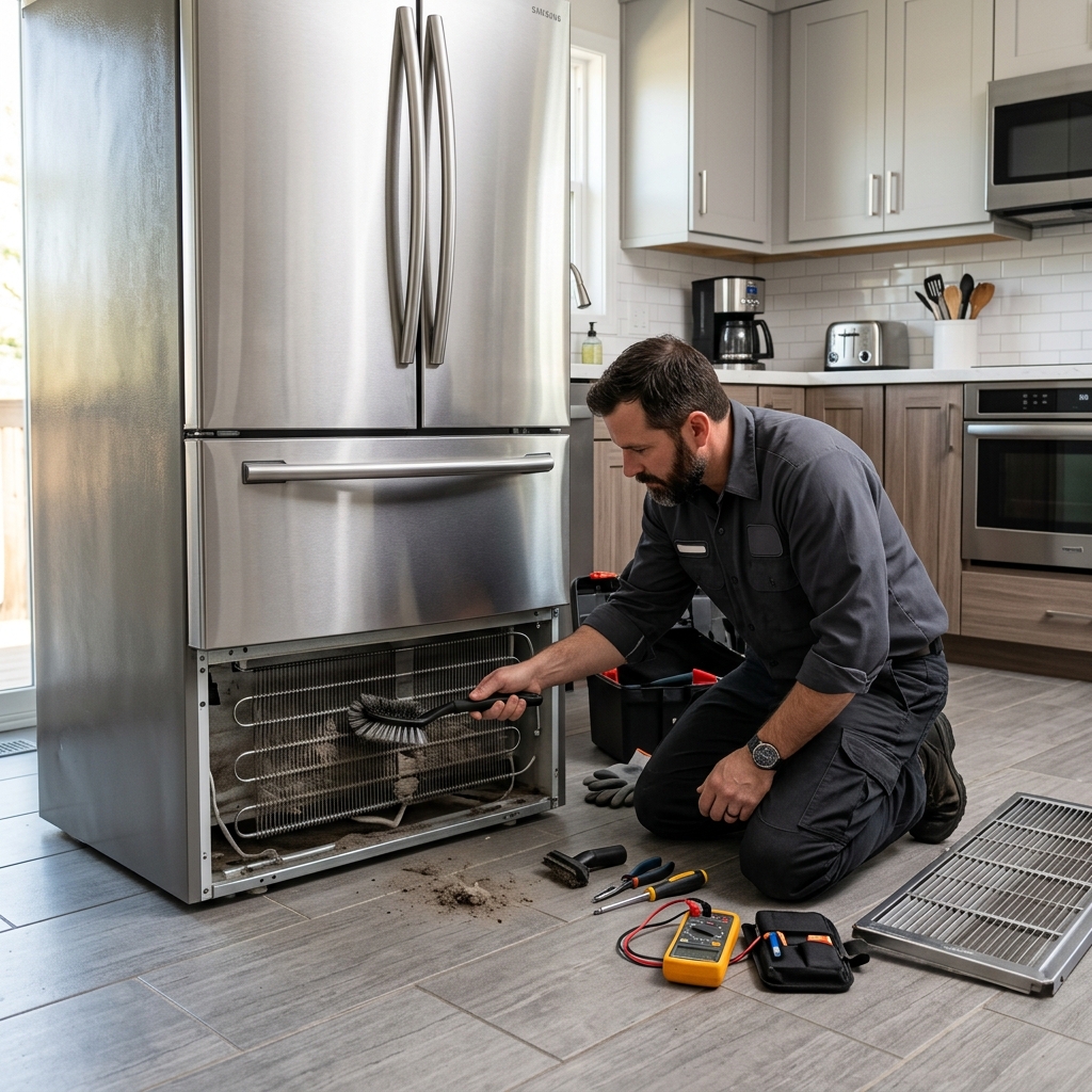 Handyman repairing a refrigerator in McAllen Texas kitchen