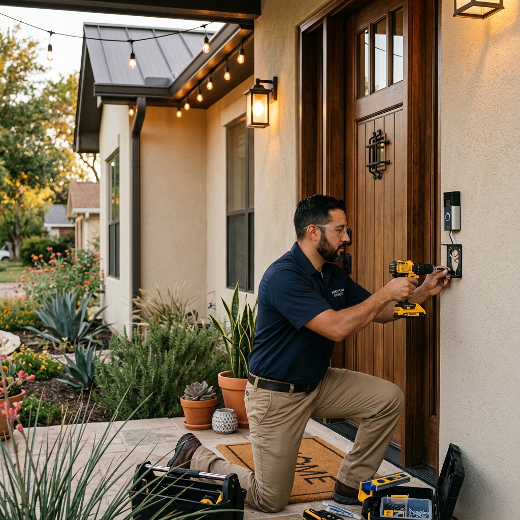 Handyman installing a Ring video doorbell on a South Texas home