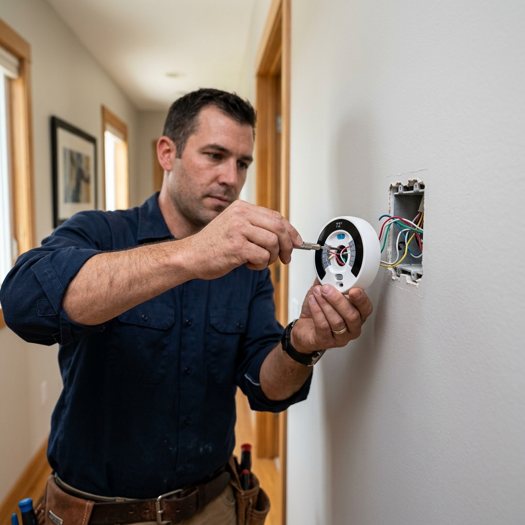 Handyman installing a smart thermostat in a McAllen Texas home