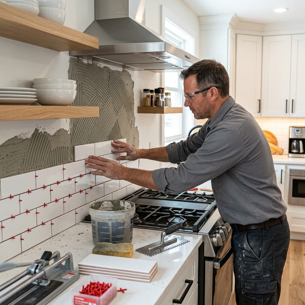 Handyman installing tile backsplash in a McAllen Texas kitchen