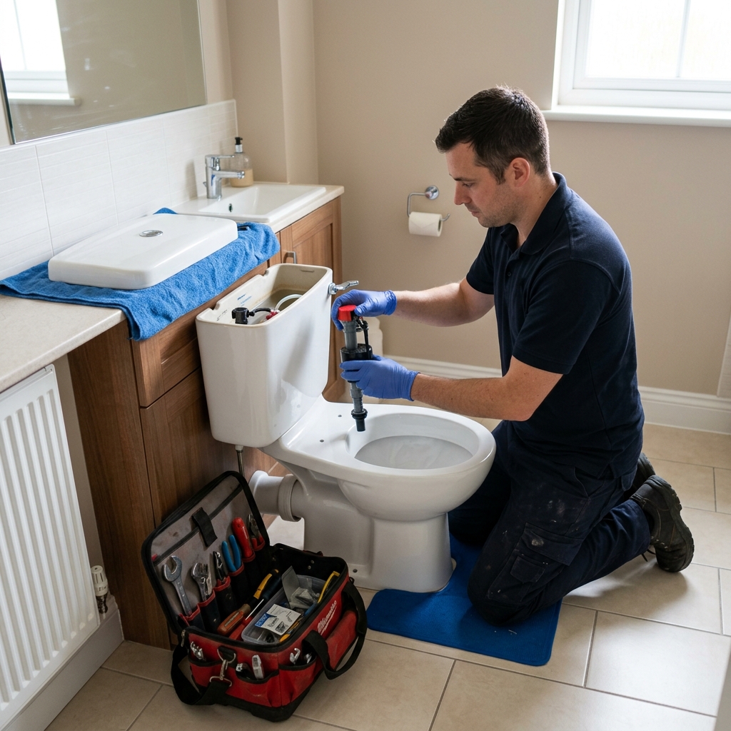 Handyman repairing a toilet fill valve in McAllen Texas bathroom
